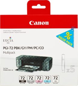 Canon PGI72 Pack de 5 cartouches d’encre originales – Photo noir, gris, photo magenta, photo cyan, optimiseur – 6403B007