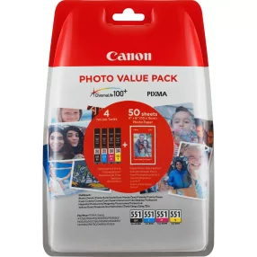 Canon CLI551 Pack de 4 cartouches d’encre originales – 50 feuilles de papier photo – 6508B005