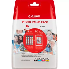 Canon CLI581XL Pack de 4 cartouches d’encre originales – 50 feuilles de papier photo – 2052C004