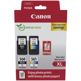Canon Ecopack PG560XL Noir + CL561XL Couleur Pack de 2 cartouches d’encre originales – 50 feuilles de papier photo – 3712C008