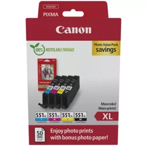 Canon CLI551XL Pack de 4 cartouches d’encre originales Noir, Magenta, Jaune et Cyan + 50 feuilles de papier photo – 6443B008