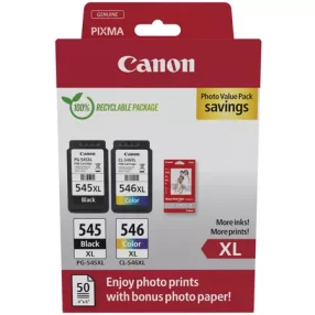 Pack de 2 cartouches d’origine : canon PG545XL noire + CL546XL couleur + 50 feuilles de papier photo – 8286B011